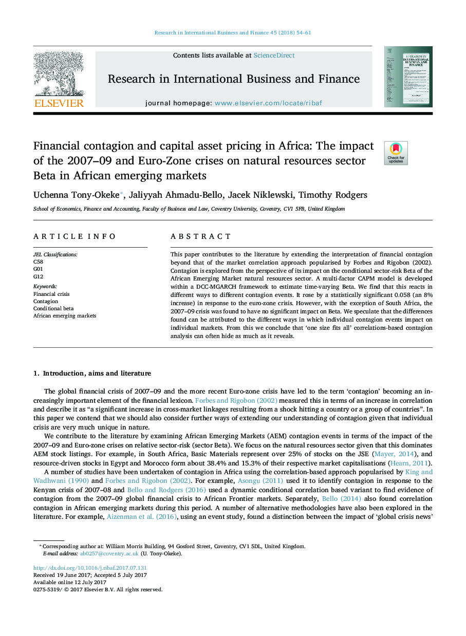 بحران مالی و قیمت دارایی های سرمایه در آفریقا: تاثیر بحران های 2007-09 و منطقه یورو در بخش منابع طبیعی بتا در بازارهای نوظهور آفریقایی 