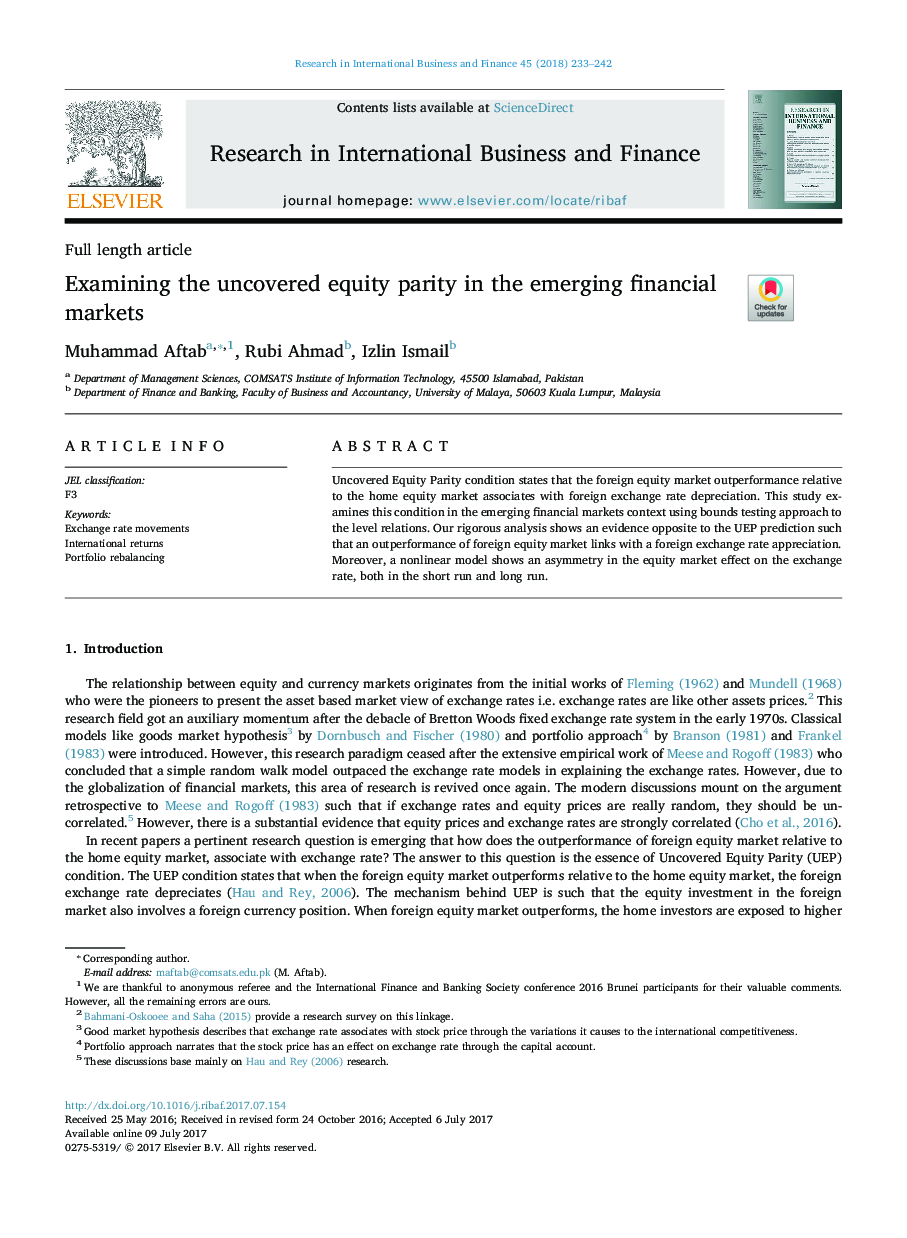 Examining the uncovered equity parity in the emerging financial markets