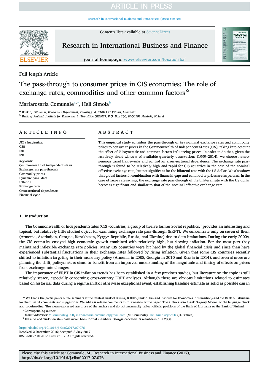 The pass-through to consumer prices in CIS economies: The role of exchange rates, commodities and other common factors