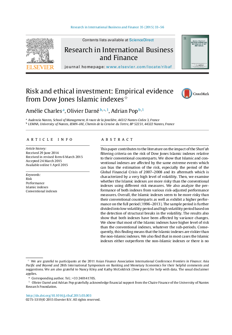 Risk and ethical investment: Empirical evidence from Dow Jones Islamic indexes