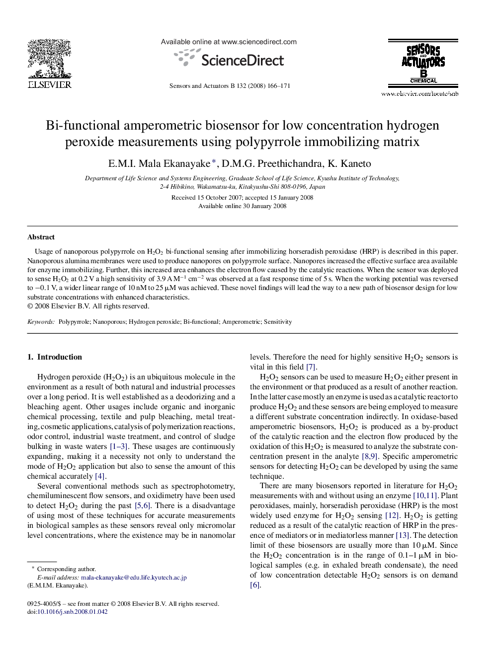 Bi-functional amperometric biosensor for low concentration hydrogen peroxide measurements using polypyrrole immobilizing matrix