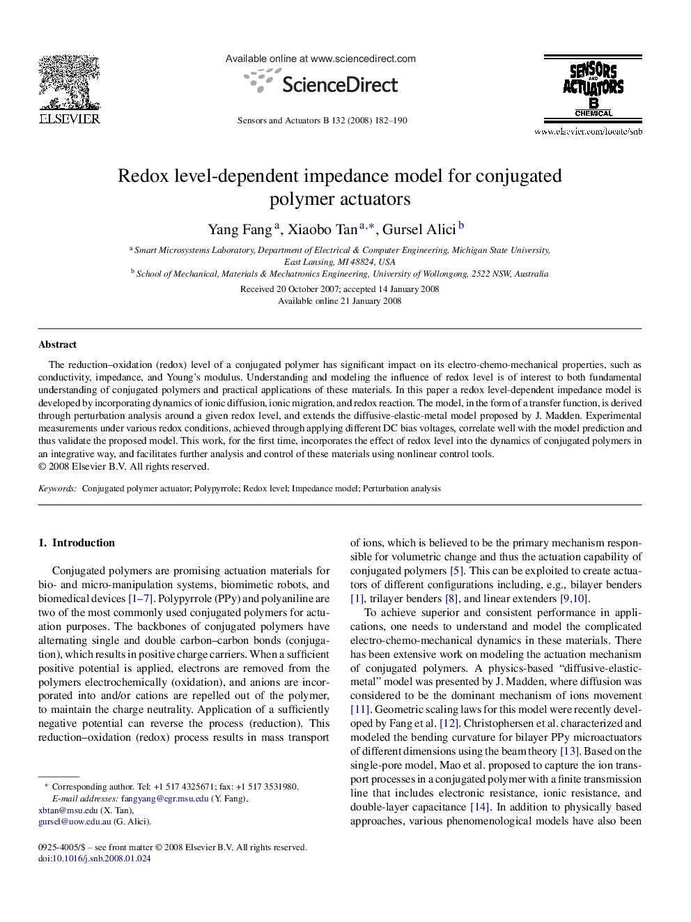 Redox level-dependent impedance model for conjugated polymer actuators