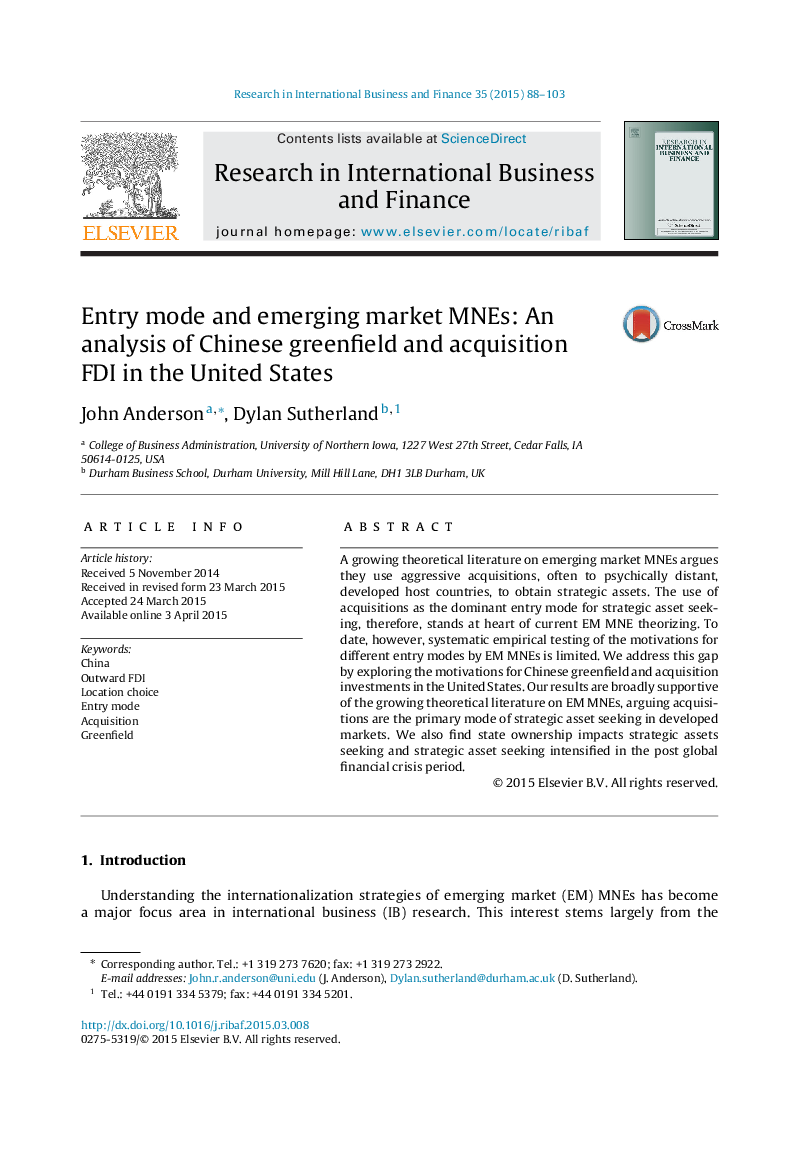 Entry mode and emerging market MNEs: An analysis of Chinese greenfield and acquisition FDI in the United States