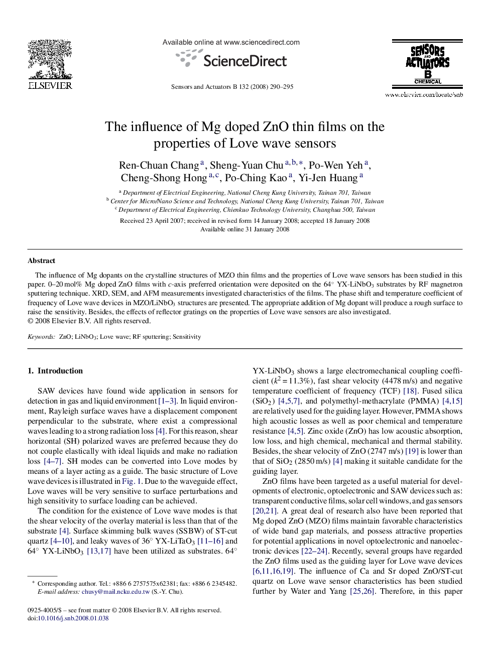 The influence of Mg doped ZnO thin films on the properties of Love wave sensors