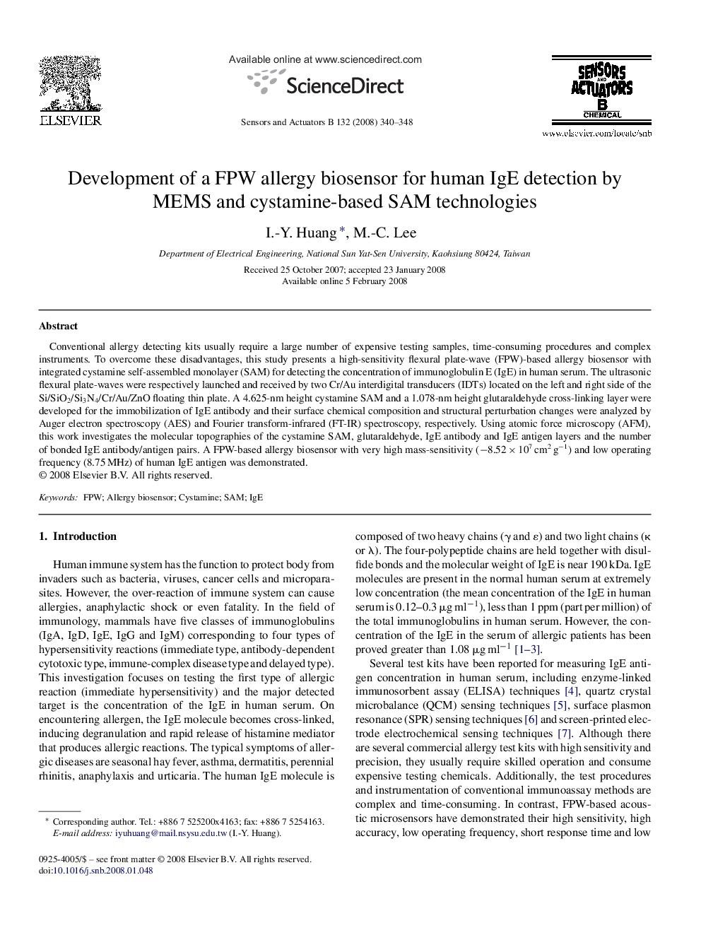 Development of a FPW allergy biosensor for human IgE detection by MEMS and cystamine-based SAM technologies