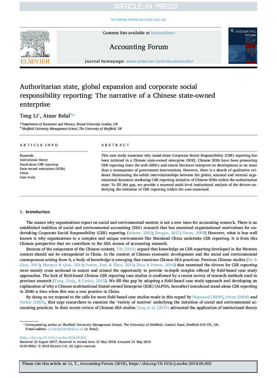 Authoritarian state, global expansion and corporate social responsibility reporting: The narrative of a Chinese state-owned enterprise