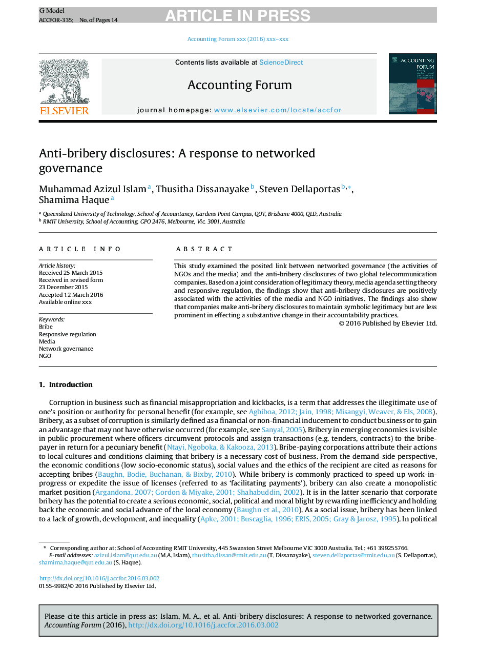 Anti-bribery disclosures: A response to networked governance