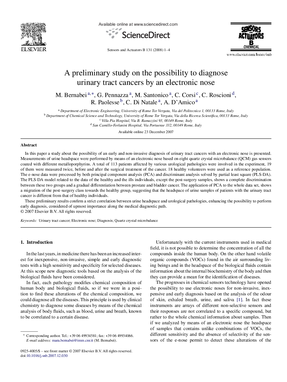 A preliminary study on the possibility to diagnose urinary tract cancers by an electronic nose