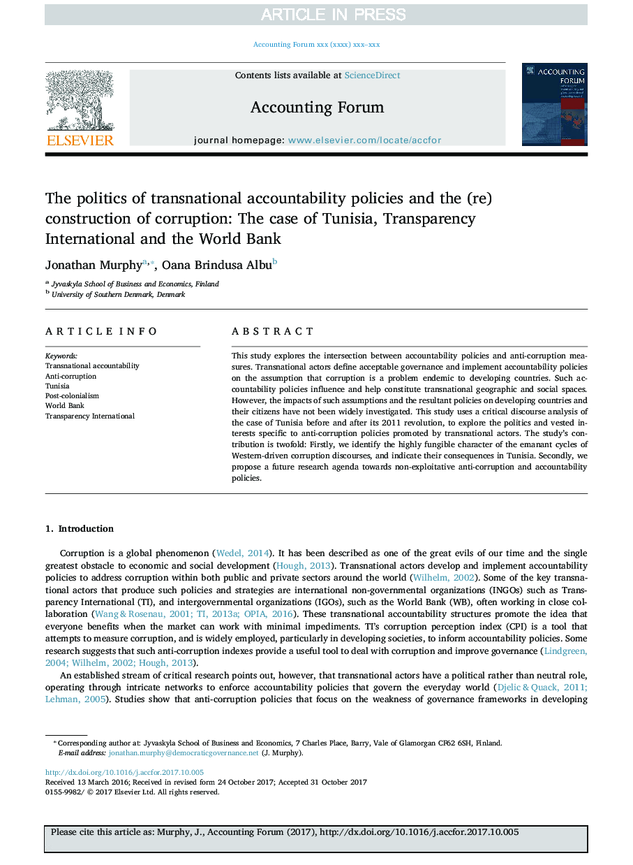 The politics of transnational accountability policies and the (re)construction of corruption: The case of Tunisia, Transparency International and the World Bank