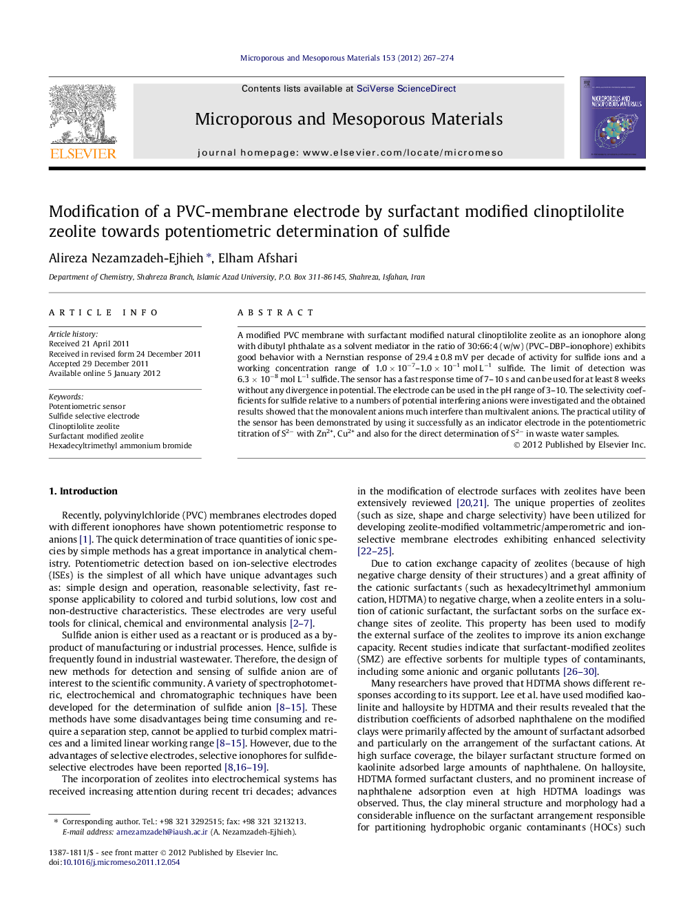 Modification of a PVC-membrane electrode by surfactant modified clinoptilolite zeolite towards potentiometric determination of sulfide