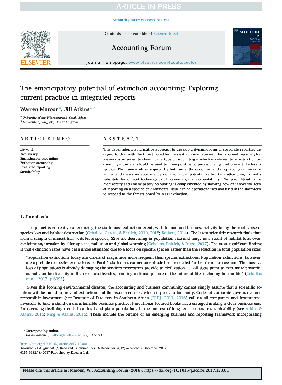 The emancipatory potential of extinction accounting: Exploring current practice in integrated reports