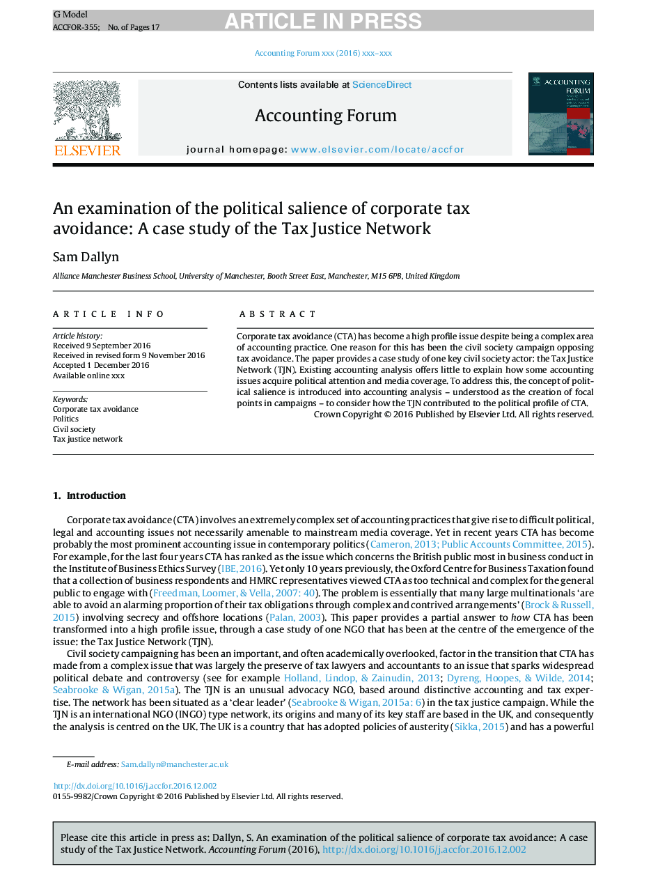 An examination of the political salience of corporate tax avoidance: A case study of the Tax Justice Network