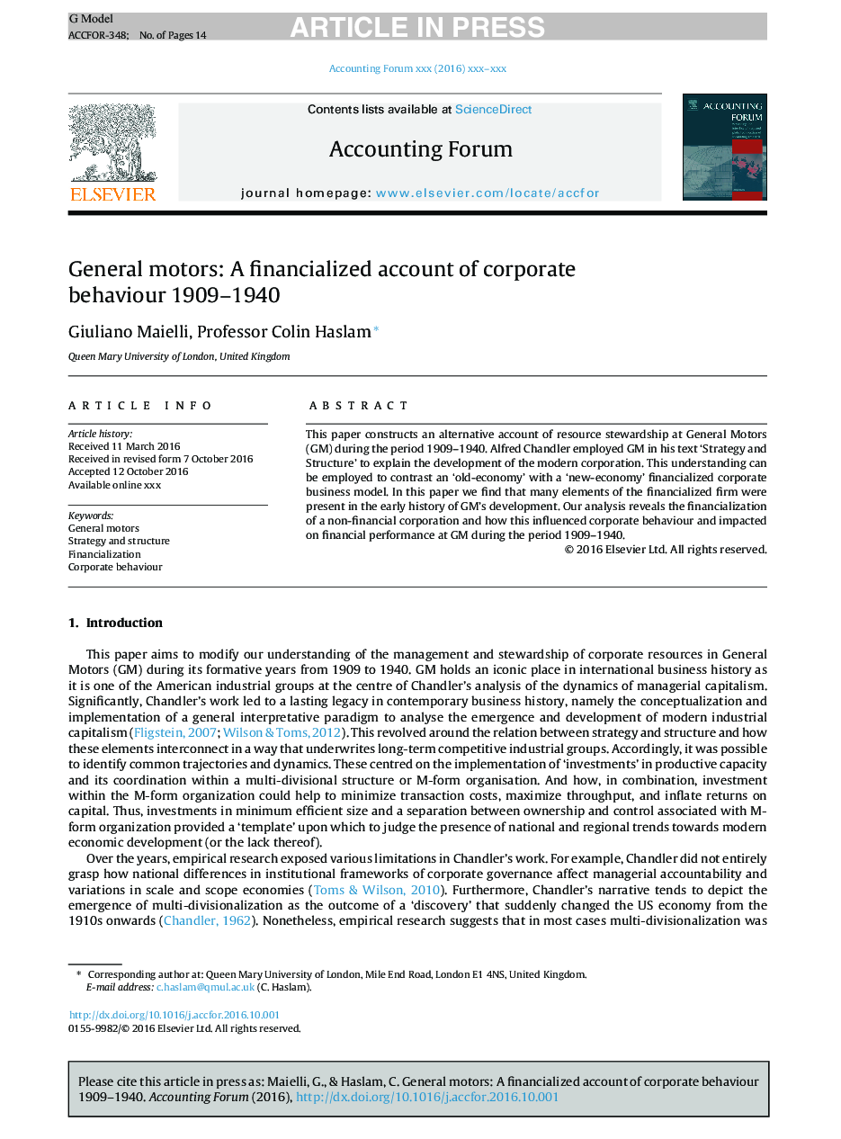 موتورهای عمومی: یک حساب مالی از رفتار شرکتی 1909-1940 