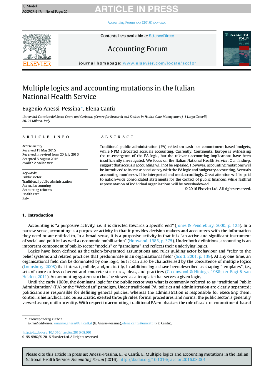 Multiple logics and accounting mutations in the Italian National Health Service