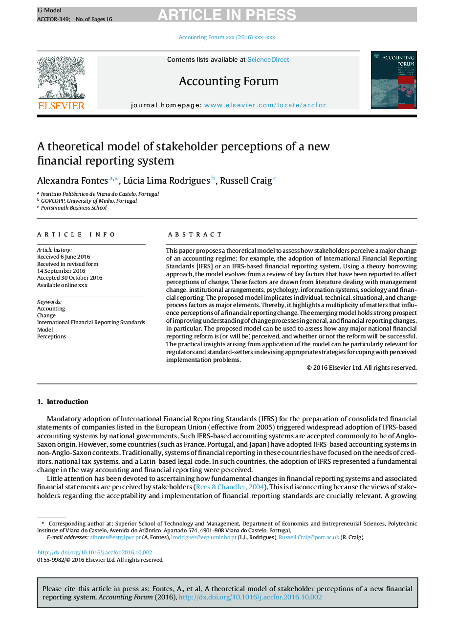 A theoretical model of stakeholder perceptions of a new financial reporting system