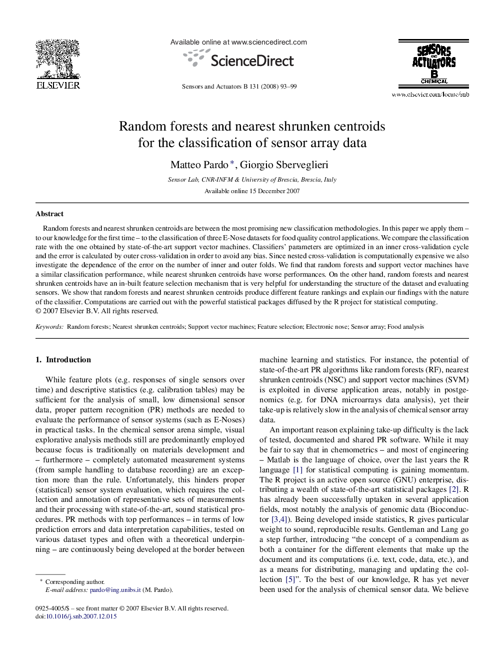 Random forests and nearest shrunken centroids for the classification of sensor array data