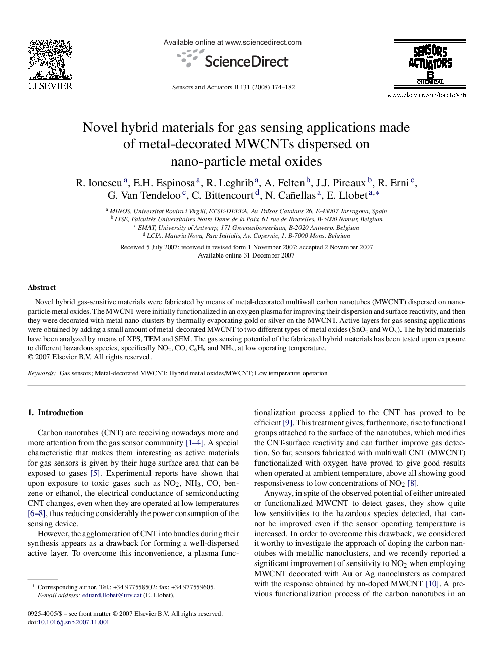 Novel hybrid materials for gas sensing applications made of metal-decorated MWCNTs dispersed on nano-particle metal oxides