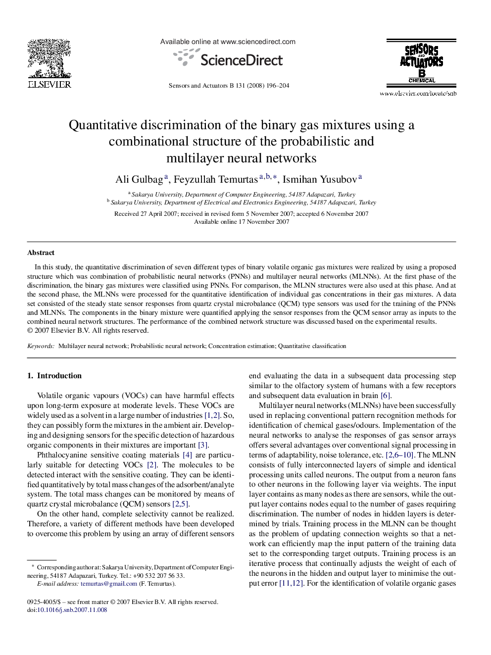 Quantitative discrimination of the binary gas mixtures using a combinational structure of the probabilistic and multilayer neural networks