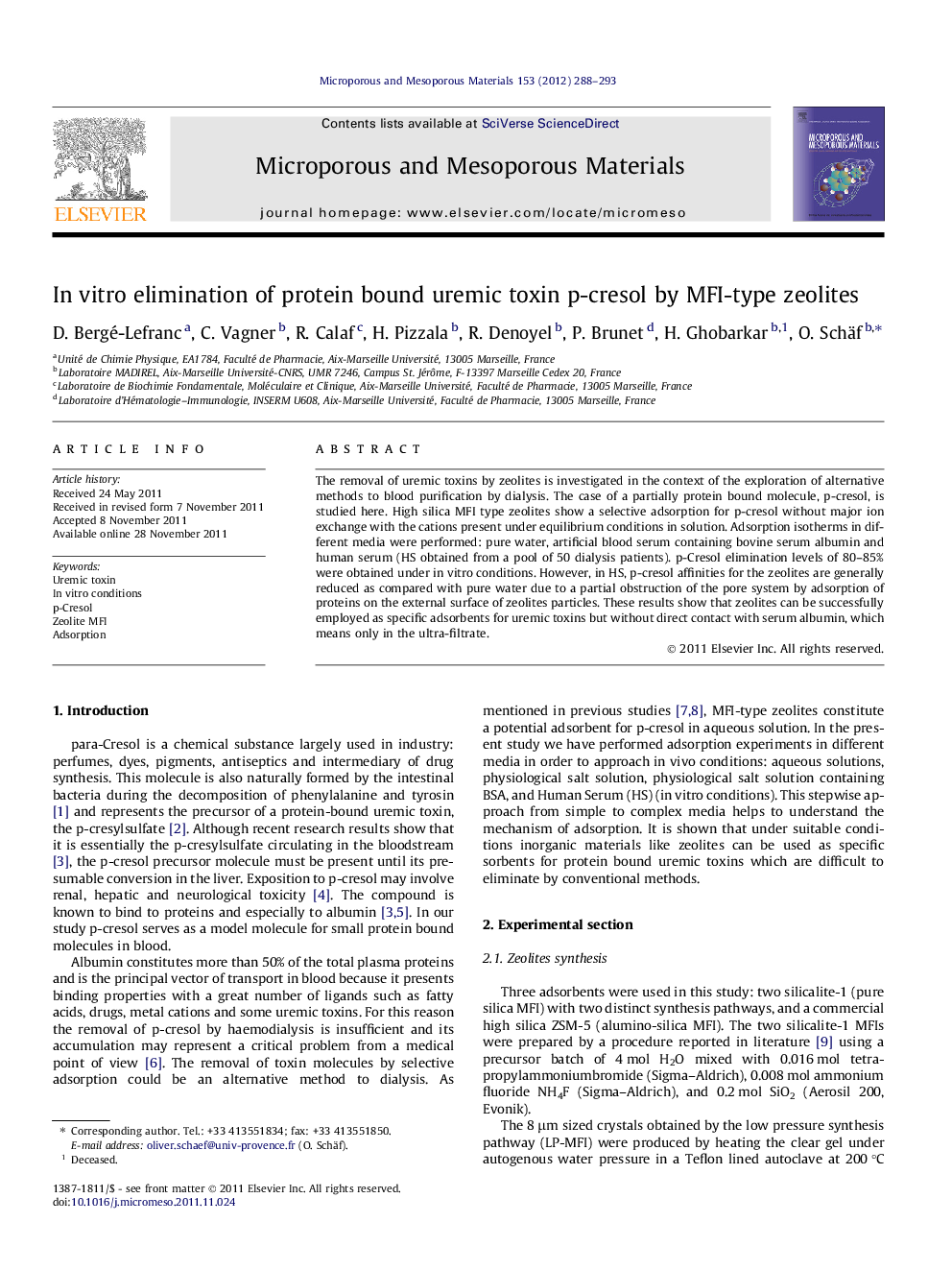 In vitro elimination of protein bound uremic toxin p-cresol by MFI-type zeolites