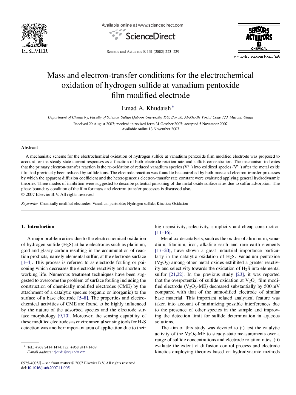 Mass and electron-transfer conditions for the electrochemical oxidation of hydrogen sulfide at vanadium pentoxide film modified electrode