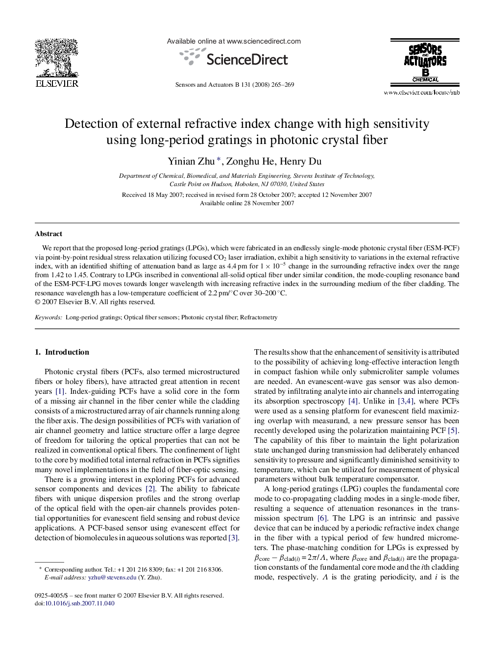 Detection of external refractive index change with high sensitivity using long-period gratings in photonic crystal fiber