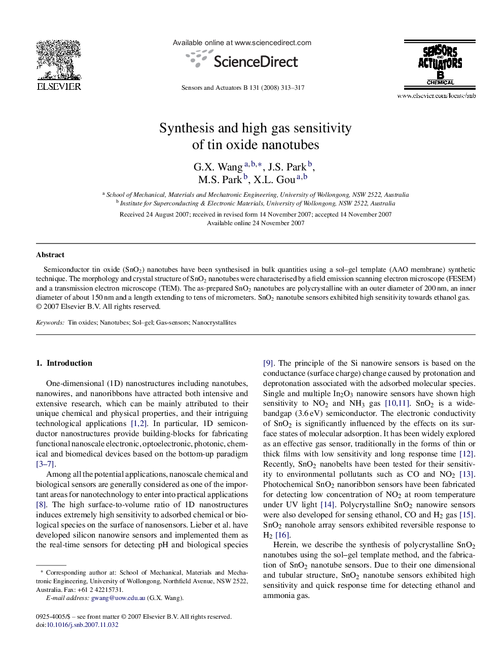 Synthesis and high gas sensitivity of tin oxide nanotubes