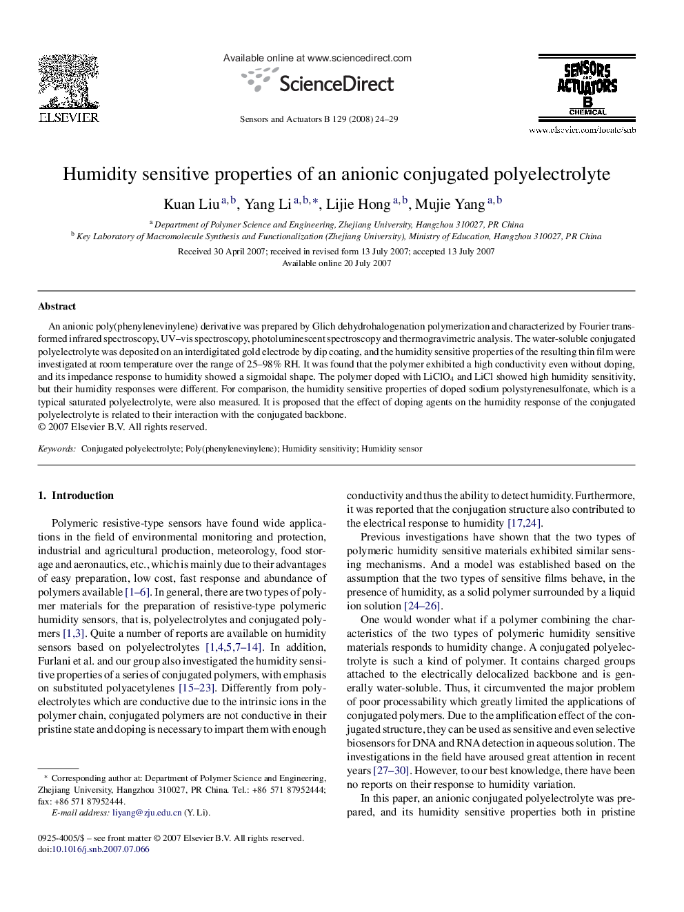 Humidity sensitive properties of an anionic conjugated polyelectrolyte