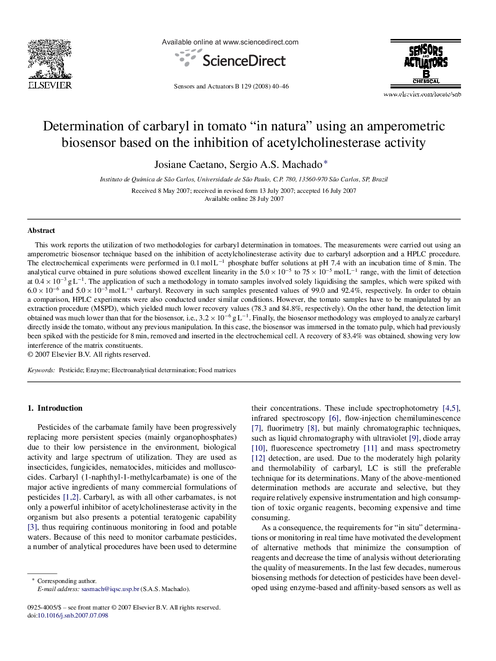 Determination of carbaryl in tomato “in natura” using an amperometric biosensor based on the inhibition of acetylcholinesterase activity