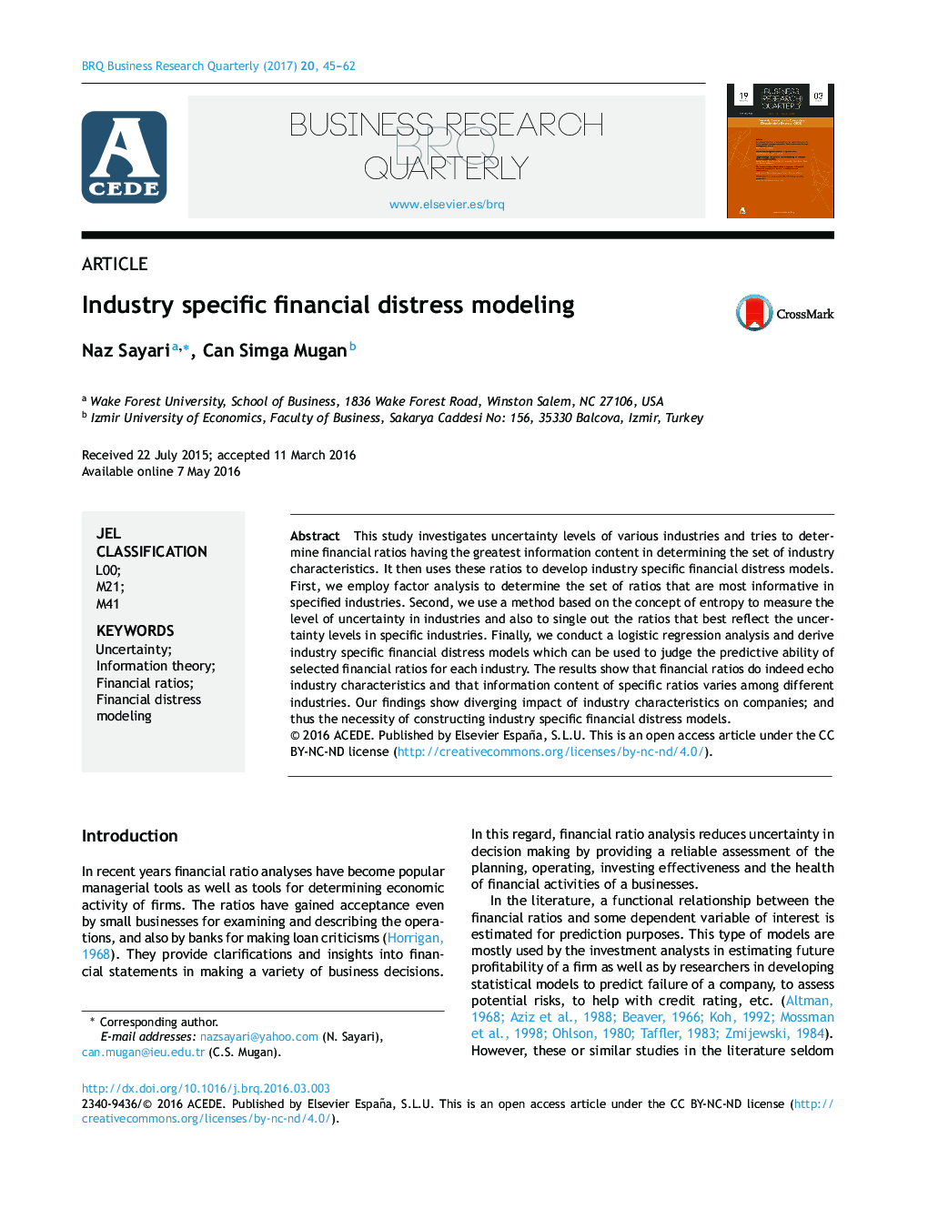 Industry specific financial distress modeling