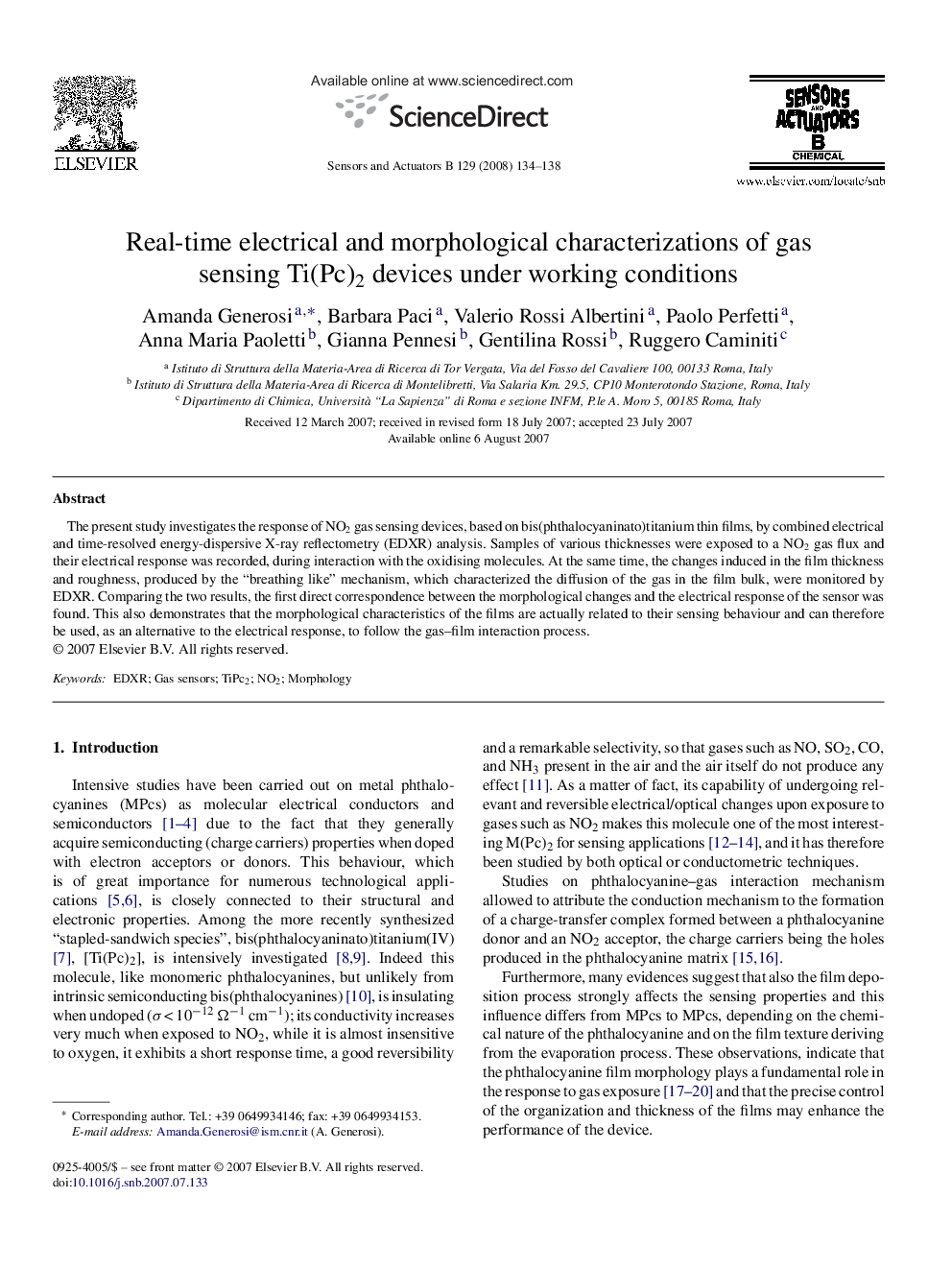 Real-time electrical and morphological characterizations of gas sensing Ti(Pc)2 devices under working conditions