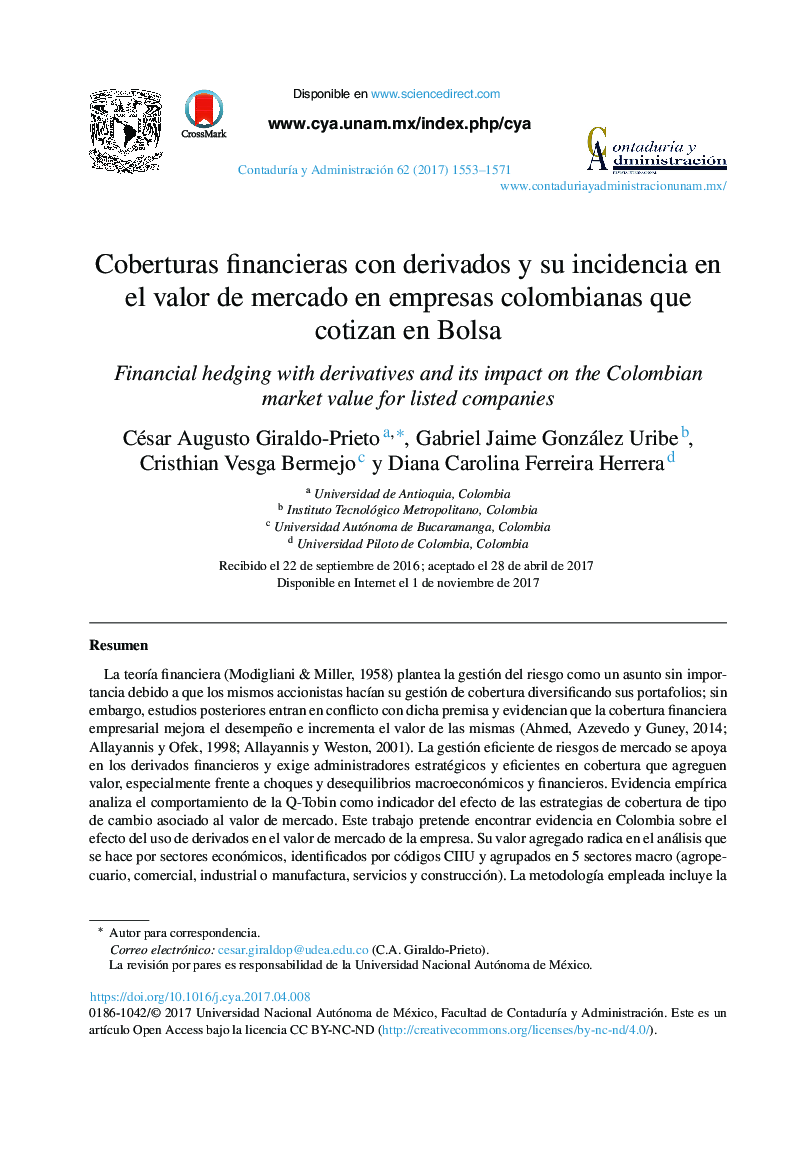 Coberturas financieras con derivados y su incidencia en el valor de mercado en empresas colombianas que cotizan en Bolsa