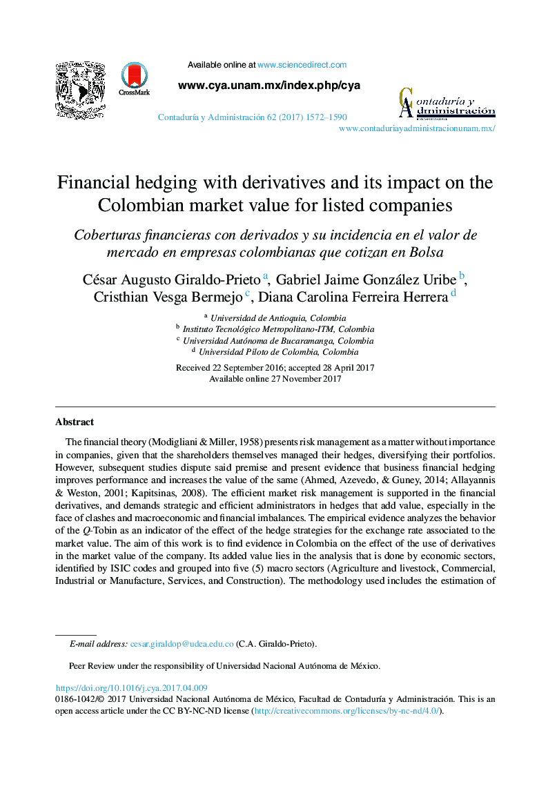 Financial hedging with derivatives and its impact on the Colombian market value for listed companies