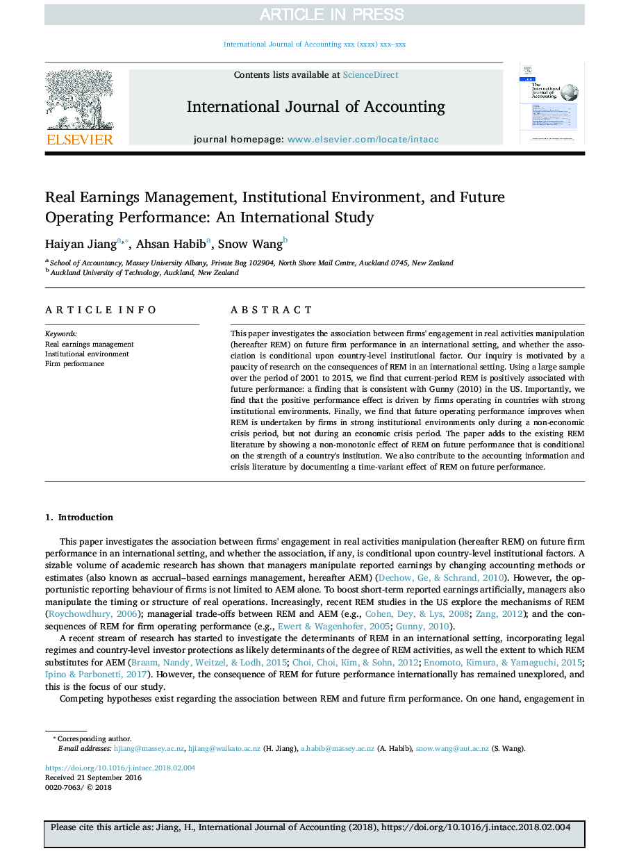 Real Earnings Management, Institutional Environment, and Future Operating Performance: An International Study