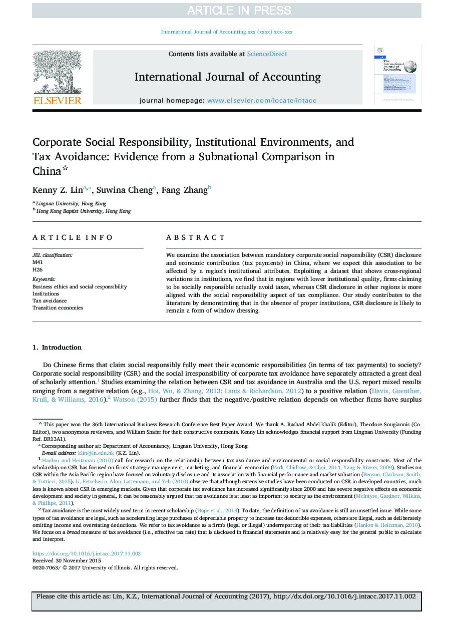 Corporate Social Responsibility, Institutional Environments, and Tax Avoidance: Evidence from a Subnational Comparison in China