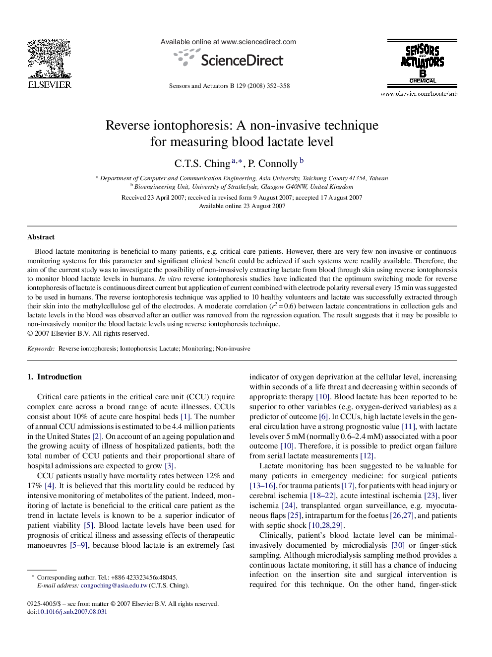 Reverse iontophoresis: A non-invasive technique for measuring blood lactate level