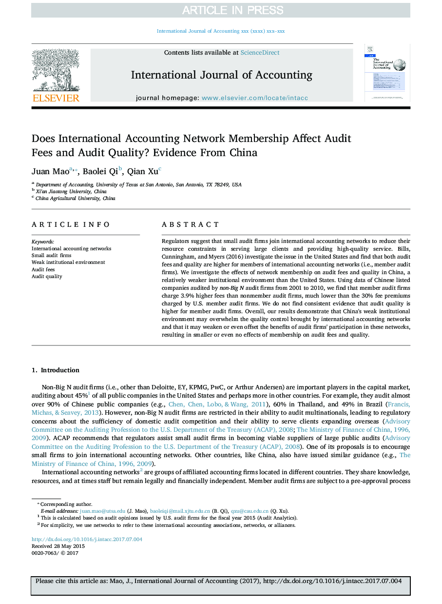 Does International Accounting Network Membership Affect Audit Fees and Audit Quality? Evidence From China