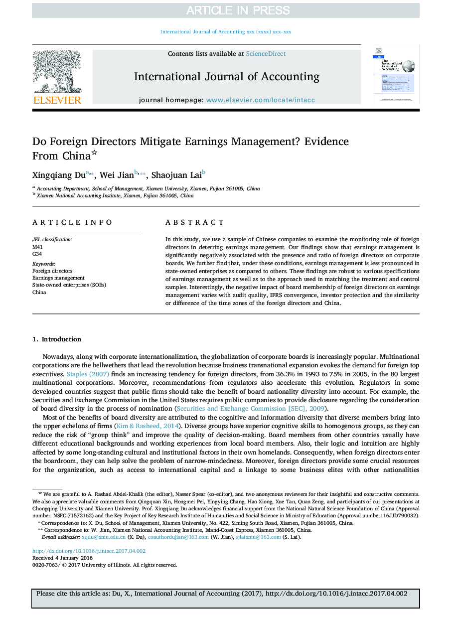 Do Foreign Directors Mitigate Earnings Management? Evidence From China