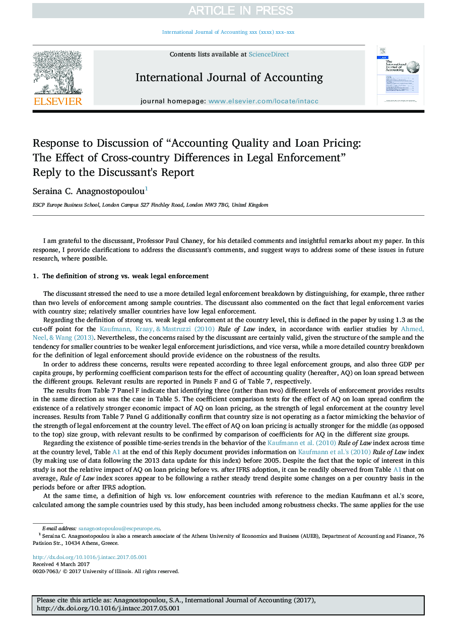 Response to Discussion of “Accounting Quality and Loan Pricing: The Effect of Cross-country Differences in Legal Enforcement”