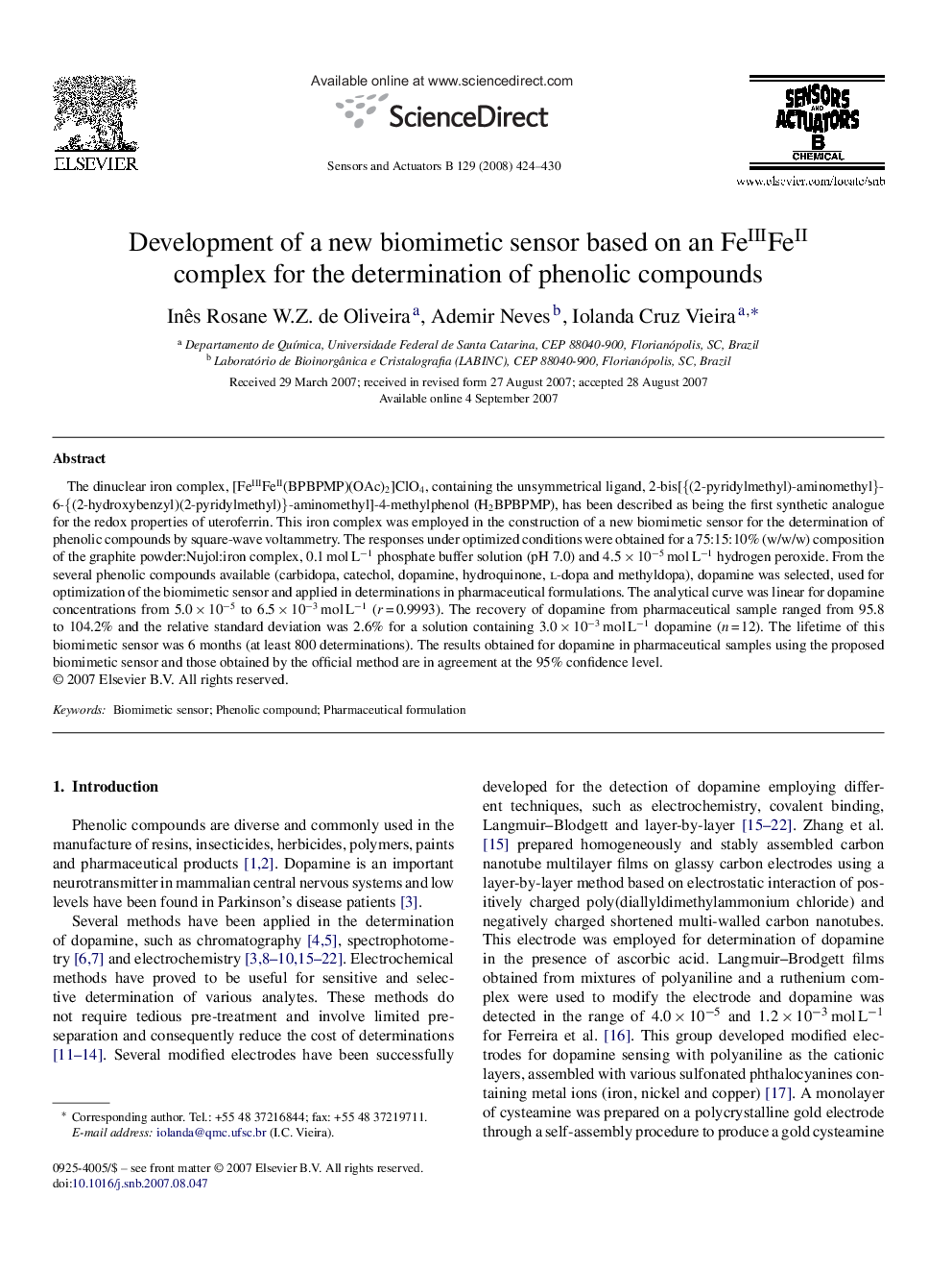 Development of a new biomimetic sensor based on an FeIIIFeII complex for the determination of phenolic compounds