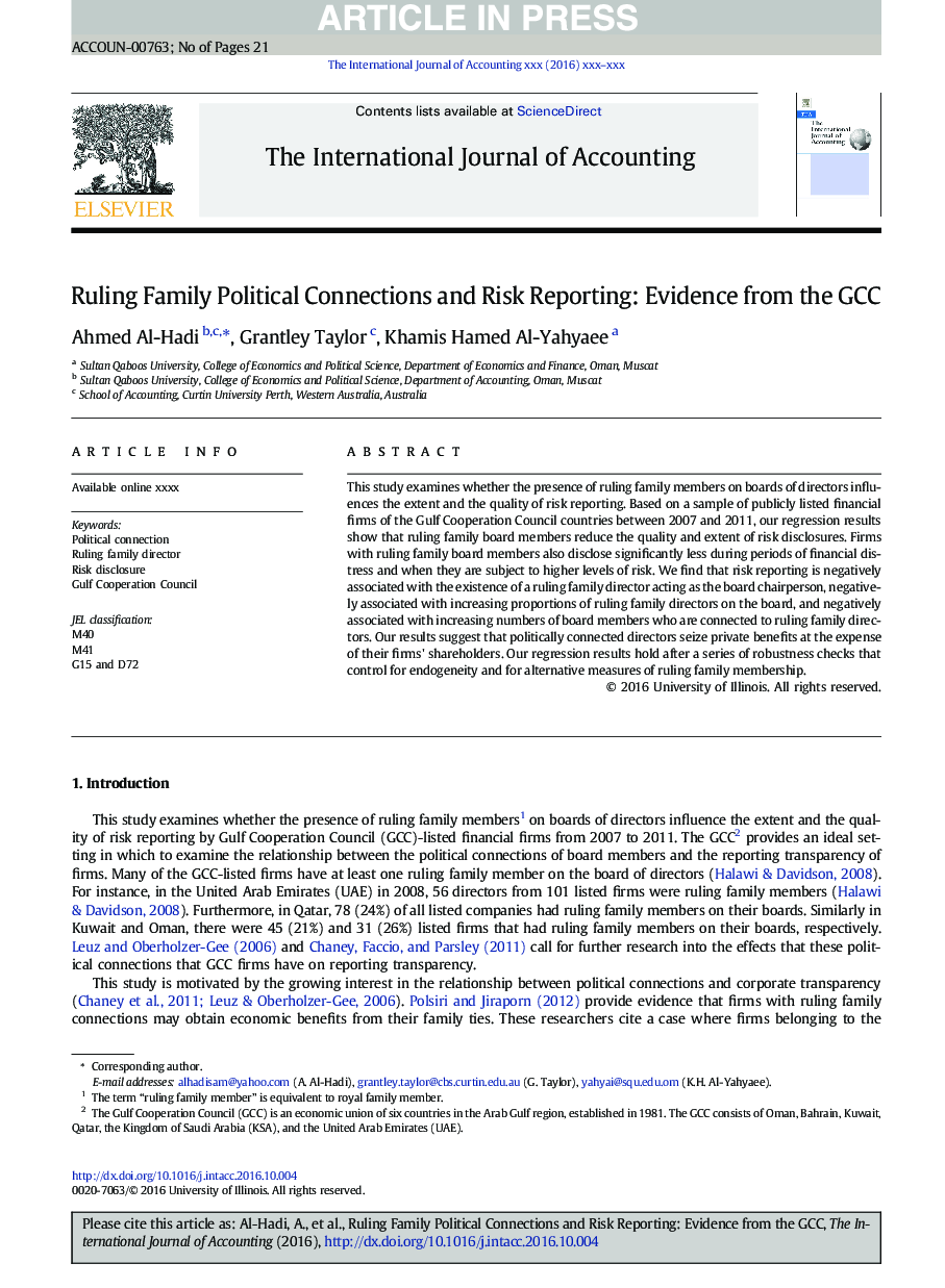 Ruling Family Political Connections and Risk Reporting: Evidence from the GCC