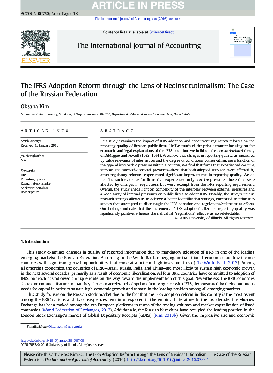 The IFRS Adoption Reform through the Lens of Neoinstitutionalism: The Case of the Russian Federation