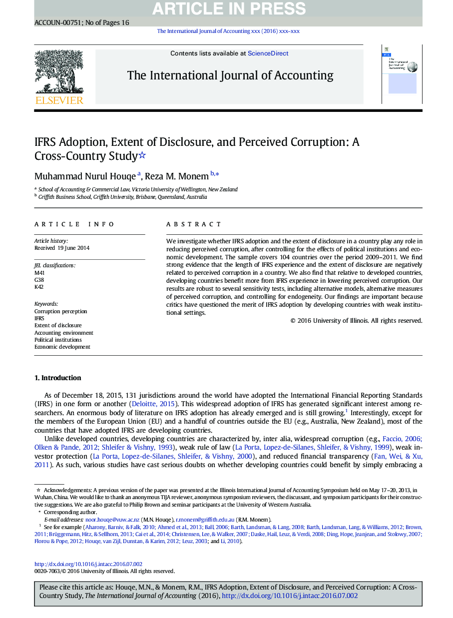 IFRS Adoption, Extent of Disclosure, and Perceived Corruption: A Cross-Country Study