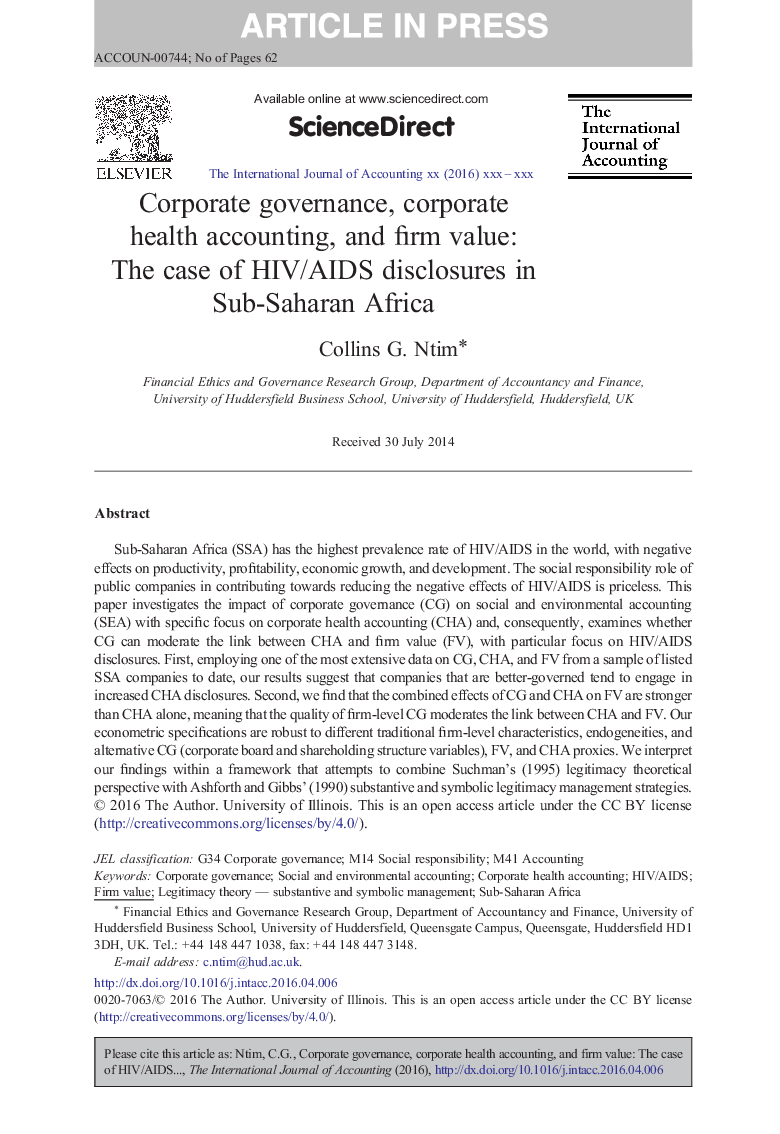 Corporate governance, corporate health accounting, and firm value: The case of HIV/AIDS disclosures in Sub-Saharan Africa