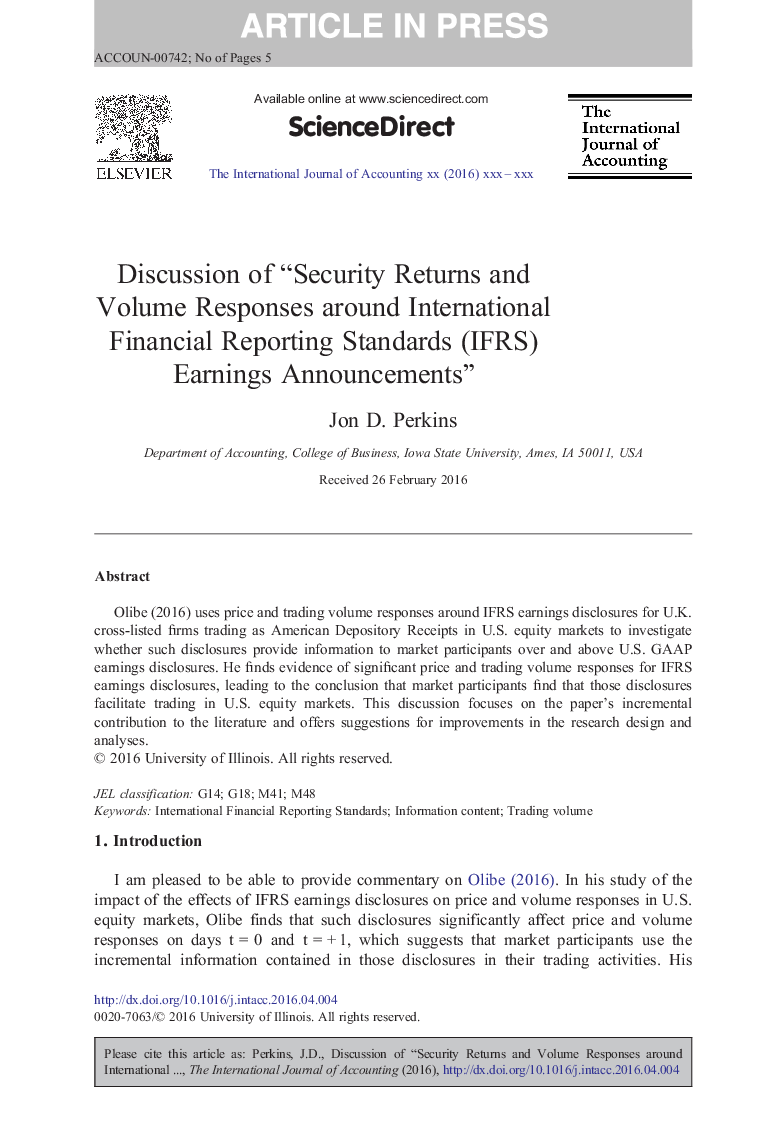 Discussion of “Security Returns and Volume Responses around International Financial Reporting Standards (IFRS) Earnings Announcements”