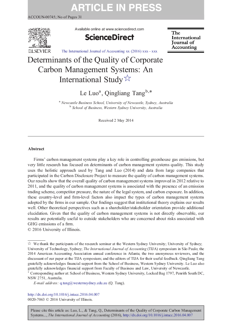 Determinants of the Quality of Corporate Carbon Management Systems: An International Study