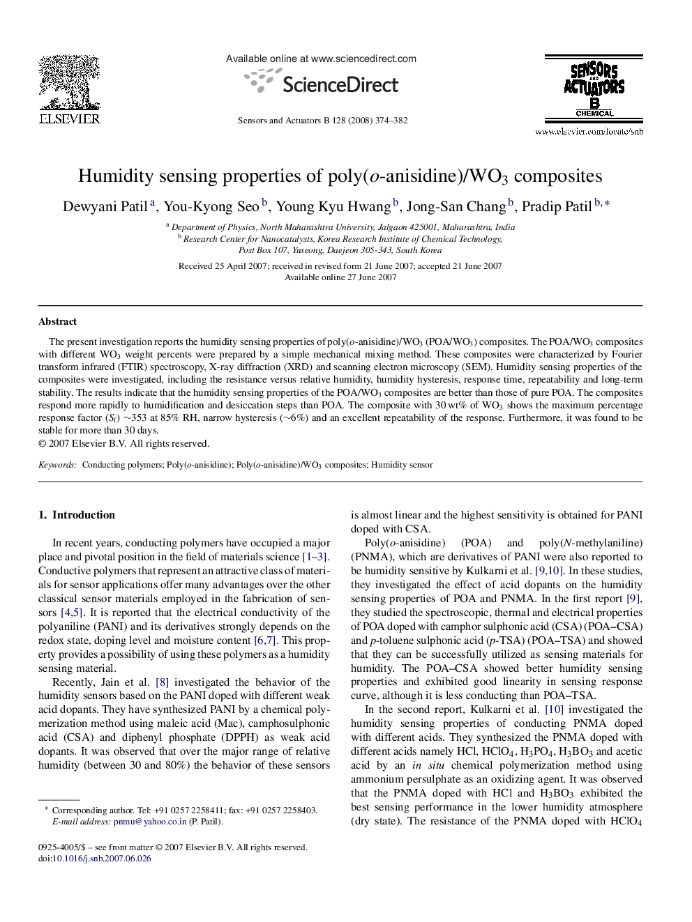 Humidity sensing properties of poly(o-anisidine)/WO3 composites