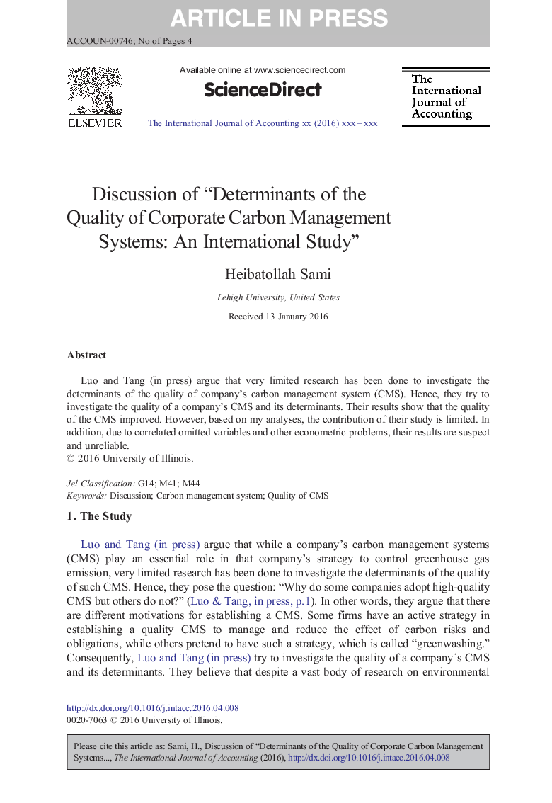 Discussion of “Determinants of the Quality of Corporate Carbon Management Systems: An International Study”