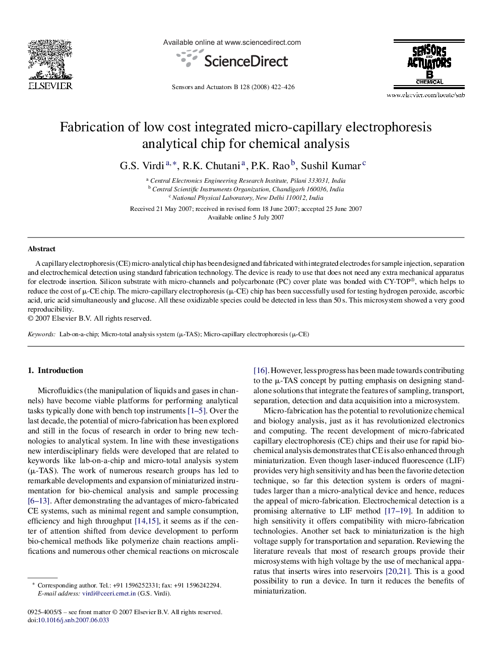 Fabrication of low cost integrated micro-capillary electrophoresis analytical chip for chemical analysis