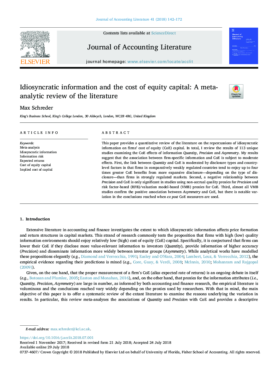 Idiosyncratic information and the cost of equity capital: A meta-analytic review of the literature