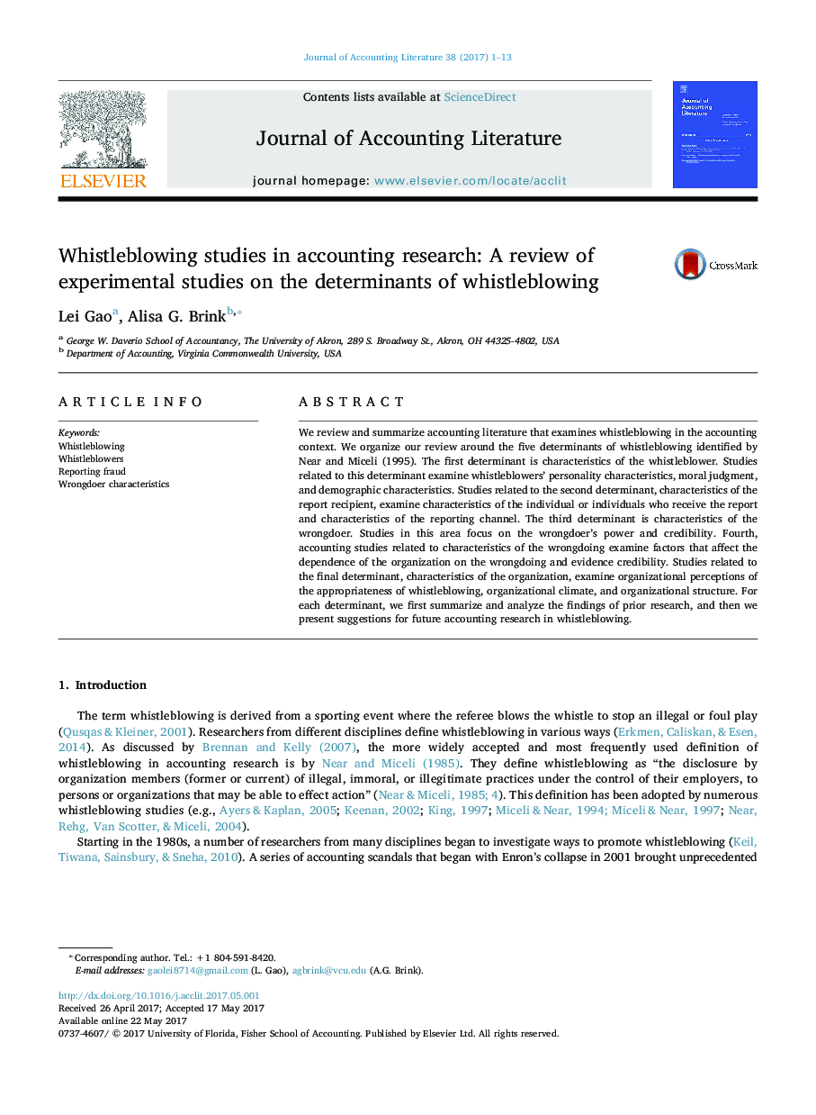 Whistleblowing studies in accounting research: A review of experimental studies on the determinants of whistleblowing